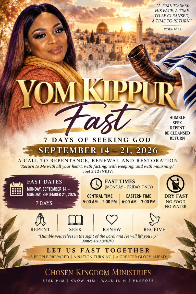Graphic flyer with information for Chosen Kingdom Yom Kippur Fast 2026